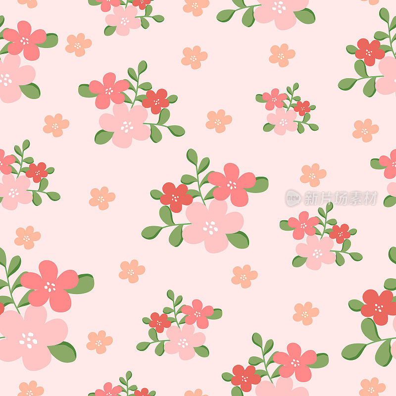 无缝模式与盛开的粉红色花朵和绿叶在粉红色的背景。植物手绘图案。春季花卉纹理的织物，纺织品，礼品包装，卡片和壁纸。插图矢量10 eps。